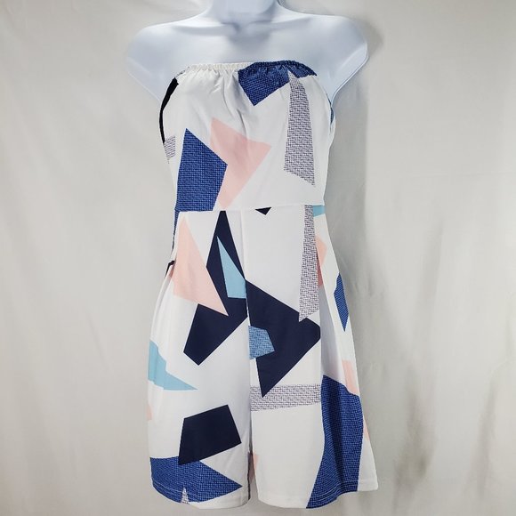 Off Shoulder Romper Shape Print Shorts Jumpsuit - Picture 1 of 11